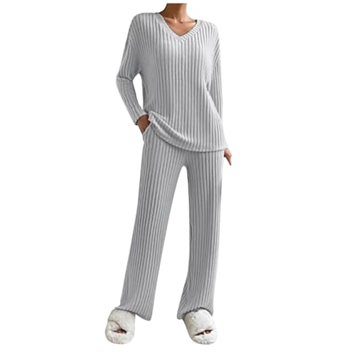 tracksuit damen, Schlafanzug Damen Lang Gerippt Zweiteiliger Pyjama Set Winter Loungewear Warm Hausanzug mit Flauschigem Stoff von Generisch