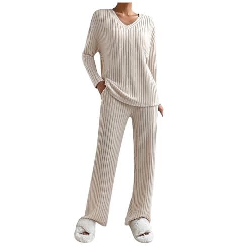 Schlafanzug Damen Lang Gerippt Zweiteiliger Pyjama Set Winter Loungewear Warm Hausanzug mit Flauschigem Stoff von Generisch