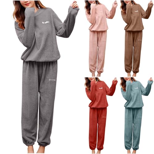 Schlafanzug Damen Lang Hausanzug Kuschelig Pyjama Flanell Lounge Set Schlaf Oberteil und Kuschelhose Kleidung Fleece Zweiteiler Homewear Frau Kuschelanzug Loungewear Schlafanzüge Nachtwäsche Grau S von Generisch