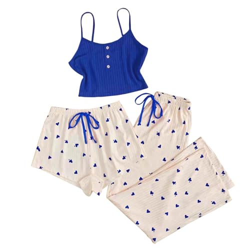 Schlafanzug Damen Lang Kuschelig Kurz Karierte Schlafhose Leopardenmuster 3-Teilig Pyjama Set Frauen Cami Pyjamahose Schlafanzüge Nachtwäsche Lounge Set Outfit Damen Klamotten Teenager Mädchen von Generisch
