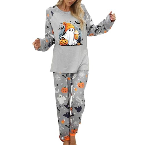Schlafanzug Damen Lang Pyjama Set Halloween Schlafanzug Set Langarm Baumwolle Shirt + Hose 2-teiliges Homewear Pyjama Sets mit Geist Druck Winter Loungewear Nachtwäsche für Party Winter (01 Grey, S) von Generisch