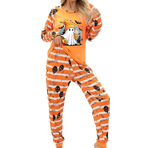 Schlafanzug Damen Lang Pyjama Set Halloween Schlafanzug Set Langarm Baumwolle Shirt + Hose 2-teiliges Homewear Pyjama Sets mit Geist Druck Winter Loungewear Nachtwäsche für Party Winter (06 Orange, M) von Generisch