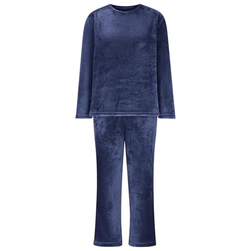 Schlafanzug Damen Lang Pyjama Set Hausanzug Kuschelig Nachtwäsche Zweiteiler Langarm Shirt und Pyjamahose Warme Loungewear Frauen Schlafanzüge Fleece Pyjamas Kleidung Flanell Kuschelanzug Marineblau L von Generisch