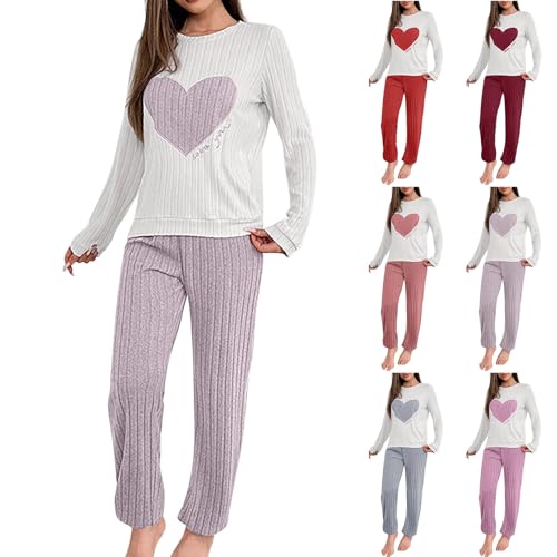 Schlafanzug Damen Lang Pyjama Set Hausanzug Kuschelig Zweiteiler Langarm Shirt und Pyjamahose Warme Nachtwäsche Loungewear Frauen Pyjamas Schlafanzughose Kleidung Kuschelanzug Schlafanzüge Lila XL von Generisch