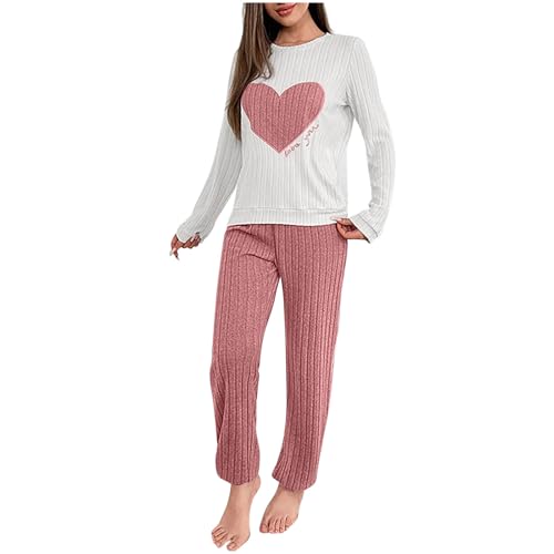 Schlafanzug Damen Lang Pyjama Set Hausanzug Kuschelig Zweiteiler Langarm Shirt und Pyjamahose Warme Nachtwäsche Loungewear Frauen Pyjamas Schlafanzughose Kleidung Kuschelanzug Schlafanzüge Rosa XL von Generisch
