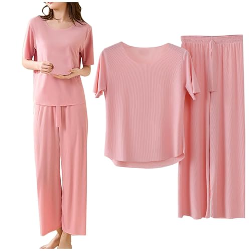 Schlafanzug Damen Lang Sommer, Pyjama Damen Kurzarm Lange Hose Zweiteiliger Nachtwäsche Set Weicher Loungewear Rundhals Sleepewear Einfarbig Hausanzug Bequem Freizeitanzug Große Größen Pyjamaset von Generisch