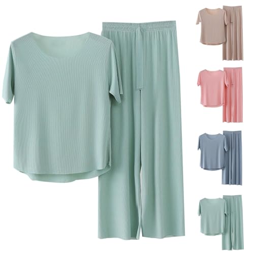Schlafanzug Damen Lang Sommer, Pyjama Damen Kurzarm Lange Hose Zweiteiliger Nachtwäsche Set Weicher Loungewear Rundhals Sleepewear Einfarbig Hausanzug Bequem Freizeitanzug Große Größen Pyjamaset von Generisch