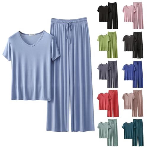 Schlafanzug Damen Lang Sommer Pyjama Set für Damen Einfarbig Schlafanzug Hose Lang Casual Loose Kurzarm Tops & Pyjamahose Sets Leichtes Bequemes Eisseide Zweiteiliger Pyjama Set Rundhals Sleepewear von Generisch