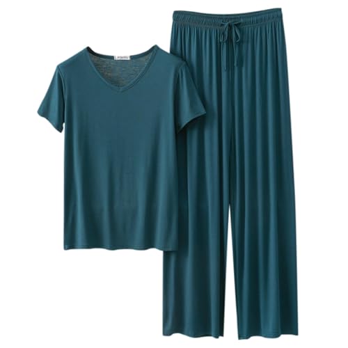 Schlafanzug Damen Lang Sommer Pyjama Set für Damen Einfarbig Schlafanzug Hose Lang Casual Loose Kurzarm Tops & Pyjamahose Sets Leichtes Bequemes Eisseide Zweiteiliger Pyjama Set Rundhals Sleepewear von Generisch