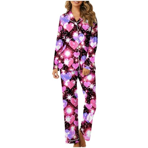 Schlafanzug Damen Pyjama Set Sommer Damen-Pyjama-Set 2 Sets Bedruckt Valentinstags-Pyjama Damen-Knopf langärmelig Homewear Frühlings-Pyjama Schwarze Kimono (Purple XXL) von Generisch