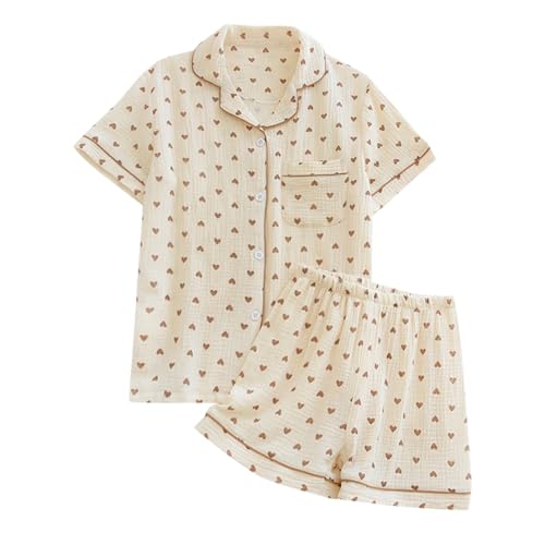 Schlafanzug Damen Pyjama Set Sommer Sommer-Pyjama-Set für Damen dünn weich Seersucker- kurzärmelig Shorts liebevolle Heimkleidung Morgenmantel Damen Kuschelig (Beige XL) von Generisch