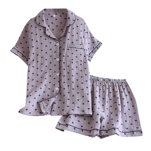 Schlafanzug Damen Pyjama Set Sommer Sommer-Pyjama-Set für Damen dünn weich Seersucker- kurzärmelig Shorts liebevolle Heimkleidung Morgenmantel Damen Kuschelig (Purple XL) von Generisch