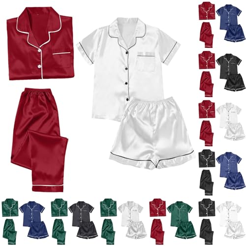 Schlafanzug Damen Satin Pyjama 2 Set V-Ausschnitt 4-Teiliges Nachtwäsche Pyjamas Mit Knopfleiste Seiden Hausanzug Zweiteiliger Locker Langarm Pyjamahose+Tops Und Shirt+Shorts Weiche Loungewear von Generisch