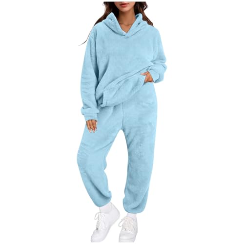 Schlafanzug Damen Weich Pyjama Winter Jogginganzug Set Zweiteiler Plüsch Pyjama Set Weiches Warm Schlafanzug Einfarbiges Hausanzug Bequeme Fleece Loungewear Lässig Freizeitanzug (Blue, XXL) von Generisch