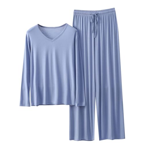 Schlafanzug Damen Weiches Pyjama Set Hausanzug Bequeme V-ausschnitt Shirt Langarm und Pyjamahose Baumwolle Schlafanzüge Loungewear Zweiteiler Kleidung Frauen Nachtwäsche Homewear Hellblau XXL von Generisch