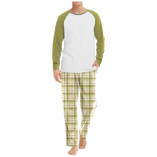 Schlafanzug Herren 2 Stück Pyjama Set Weich Bequem Farbblock Top Karierte Hose Langarm Pullover Oberteil und Elastische Unterteile mit Kordelzug Zweiteiliger Sleepwear Bequem Hausanzug von Generisch