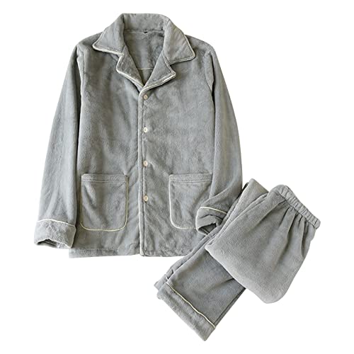 Schlafanzug Herren Lang L Fleece Warm Winter Zweiteiler Hausanzug Grau Loungewear Hose Und Flanellhemd Lounge Set Langarm Schlafanzüge Rundhals Sleepwear Men Nachtwäsche Pyjamaset von Generisch