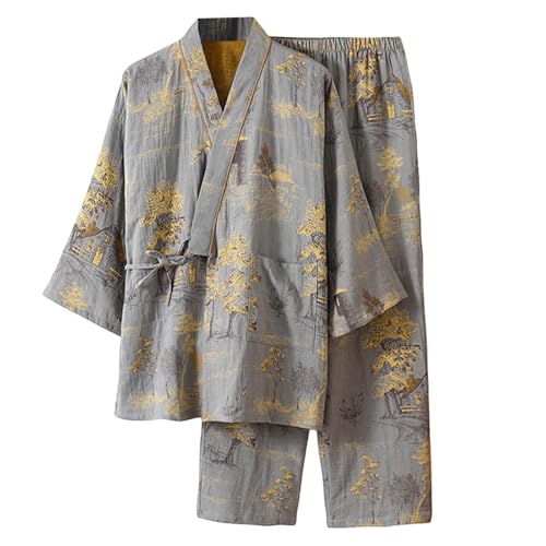 Schlafanzug Herren Pyjamaset Bademantel Herren Frühling Japanischer Kimono Pyjama Hanboki Loungewear Jacquard Lose Krawatte Home Set (Light Green, XL) von Generisch