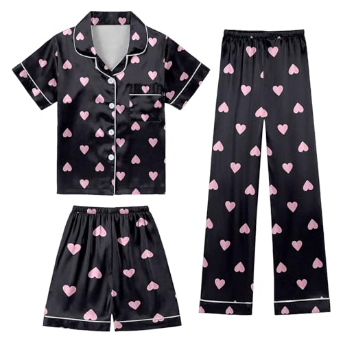 Schlafanzug Mädchen 146/152 Lang Herz Druck Nachtwäsche Kinder Kurzarm 3 Teiler Set Hausanzug Schwarz Kurze Hose Und Hemd Mit Hose 3 Teiliges Pyjama Set Winter Schlafanzüge Girls Kids Loungewear von Generisch