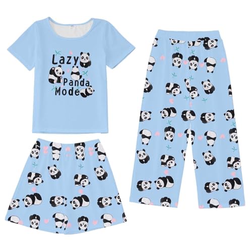 Schlafanzug Mädchen 158 Kurze Und Lange Hose Mit Top Panda Nachtwäsche Kinder Kurzarm Hausanzug Helles Blau 3 Teiliges Pyjama Set Winter Pyjamaset Kids Schlafanzüge 3-Piece Sleepwear von Generisch