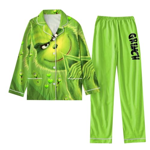 Schlafanzug Mit Grinch Damen Einteiler Weihnachts Pyjama Damen Herren Lustiger 3D Druck Schlafanzug Schlafanzughose Mit Taschen LäSsig Weihnachten Knopf Bis Langarm Schlafanzug Hose Lang Weihnachten von Generisch