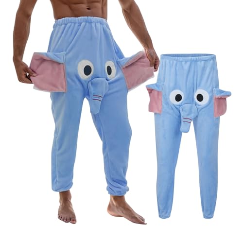 Schlafanzughose Herren Lustig Elefanten Hose mit Rüssel Elefantenrüssel Pyjama Lang Elefanten Hose Flanellhose Elefantenhosen Männer Locker Pyjamahose Freizeithose Thermohose (Blue, M) von Generisch