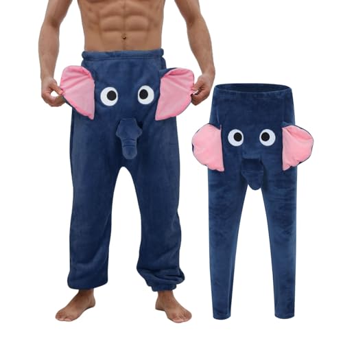 Schlafanzughose Herren Lustig Elefanten Hose mit Rüssel Elefantenrüssel Pyjama Lang Elefanten Hose Flanellhose Elefantenhosen Männer Locker Pyjamahose Freizeithose Thermohose (Dark Blue, XXL) von Generisch