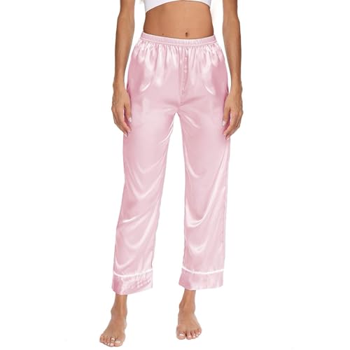 Schlafhose Damen Seide, Pyjama Hose Damen Lang, Schlafanzughose Bequeme Freizeithose Stretch Yogahose Weiche Nachtwäsche Hosen Lockere Taille Loungehose Leicht Pyjama Hosen Lässiges Schlafhose von Generisch