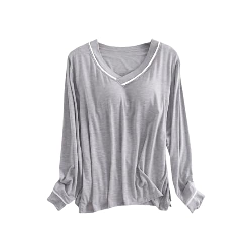 Schlafshirt Damen Langarm Modal, Pyjama Oberteil Damen Langarm Sleepshirt Mit BH Einfarbig Langarmshirt Bequeme Weiche Unterhemd Basic V Ausschnitt Schlafanzüge Nachtwäsche Locker Winterpullover von Generisch