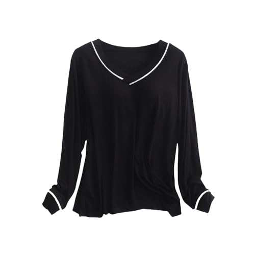 Schlafshirt Damen Langarm Modal, Pyjama Oberteil Damen Langarm Sleepshirt Mit BH Einfarbig Langarmshirt Bequeme Weiche Unterhemd Basic V Ausschnitt Schlafanzüge Nachtwäsche Locker Winterpullover von Generisch