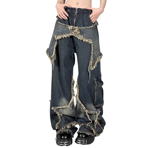 Schlaghose Damen Jeans Baggy Breites Bein Jeanshosen Hip Hop Vintage Mode Hosen Low Waist Y2k Streetwear Freizeithose Loose Jeanshose Straight von Generisch