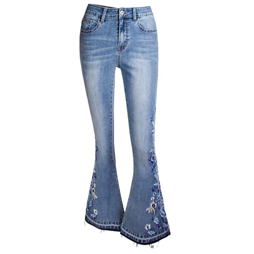 Schlaghose Damen Jeans Blumen Jeanshosen Schlank Geblümt Bestickt Denimhose Vintage Stickerei Schlagjeans mit Taschen Elegante Bootcut Röhrenjeans Hohe Taille Flared Pants Y2K Style Denim Freizeithose von Generisch