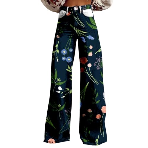 Schlaghose Damen Jeans High Waist Baggy Boyfriend Jeanshose Blumen Druck Denimhose Y2k Weites Bein Denim Trouser Lockere Passform Damenjeans Hip Hop Streethose Lang Casual Locker Hose von Generisch