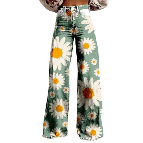 Schlaghose Damen Jeans High Waist Baggy Boyfriend Jeanshose Blumen Druck Denimhose Y2k Weites Bein Denim Trouser Lockere Passform Damenjeans Hip Hop Streethose Lang Casual Locker Hose von Generisch