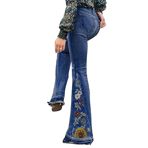 Schlaghose Damen Low Waist Bein Baggy Denim Hosen Gerade Schlagjeans Bestickte Blumen Jeanshose Stretch Breites Flare Hose Slim Fit Skinny Pants Bootcut Jeans Vintage Straight Damenjeans von Generisch