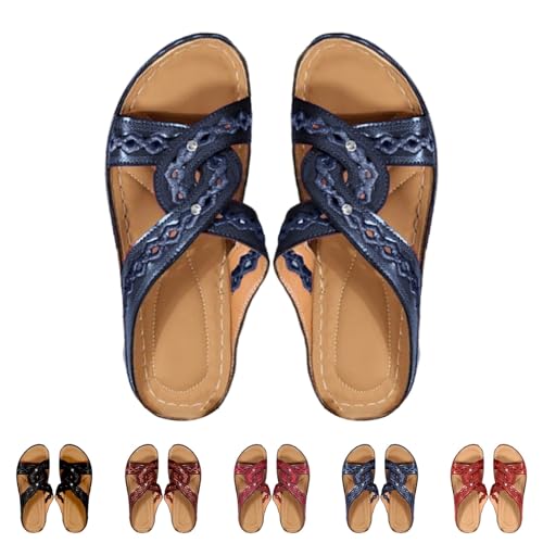 Schlappen Damen Sommer Bequem, Orthopädische Hausschuhe Damen Mit Fussbett Open Toe Freizeitschuhe Slippers Slip On Pantoletten Strass Damenschuhe Weich Pu Leder Flache Schuhe Sommerschuhe von Generisch
