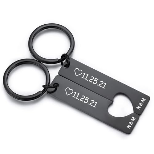 Schlüsselanhänger Personalisiert mit Namen & Gravur – Partner Schlüsselanhänger im 2er Set – Ideale personalisierte Geschenke mit Datum – Personalisierter Schlüsselanhänger für Paare (Schwarz) von Generisch