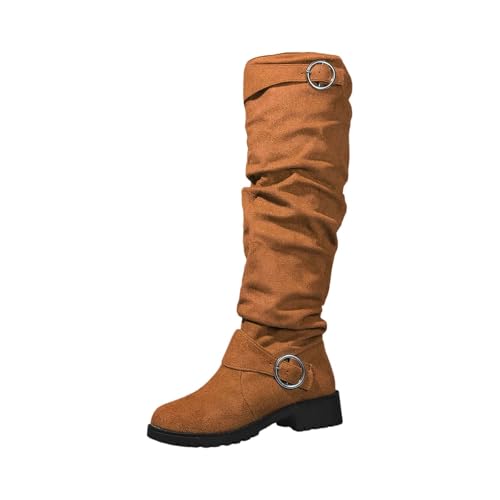 Schlupfstiefel Damen Kniehochh Stiefel mit Niedriger Blockabsatz Falten Damenstiefel Schnalle Seitlicher Westernstiefel Knee High Boots Stilvoll und Elegant Wildlederstiefel mit Rutschfester Sohle von Generisch