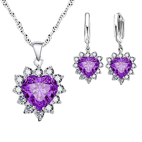 Schmuckboxen Set Exquisite herzförmige Schmucksets für Damen, vergoldete Halskette, baumelnde Ohrringe, Kunstkristall-Herz-Halsketten-Ohrring-Schmuck Halskette 40 cm Silber (Purple, One Size) von Generisch