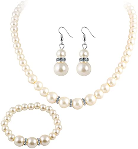 Schmuckset mit Kunstperlen, Zirkonia, lange Kette, Halskette, Ohrstecker, Armband, Set für Mädchen und Frauen von Generisch
