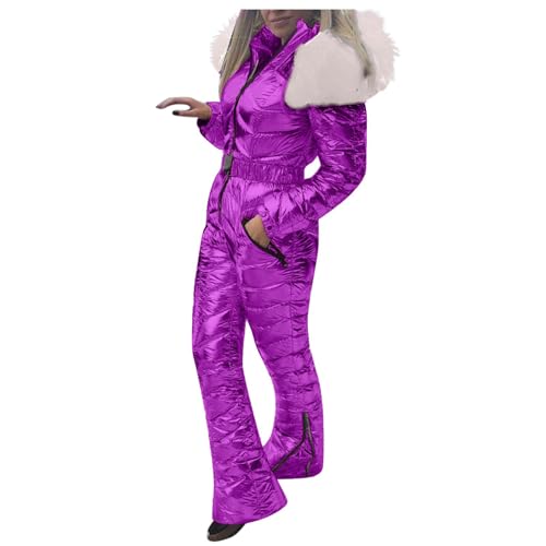 Schneeanzug Damen Wasserdicht Skianzug Damen Einteiler Glitzer Kapuzenjacke Winddichter Winter-Overall Große Größen Slim Fit Jumpsuit Verdickte Isolierte Softshell-Mantel Skianzüge Steppjacke von Generisch