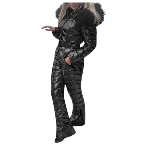 Schneeanzug Damen Wasserdicht Skianzug Damen Einteiler Glitzer Kapuzenjacke Winddichter Winter-Overall Große Größen Slim Fit Jumpsuit Verdickte Isolierte Softshell-Mantel Skianzüge Steppjacke von Generisch
