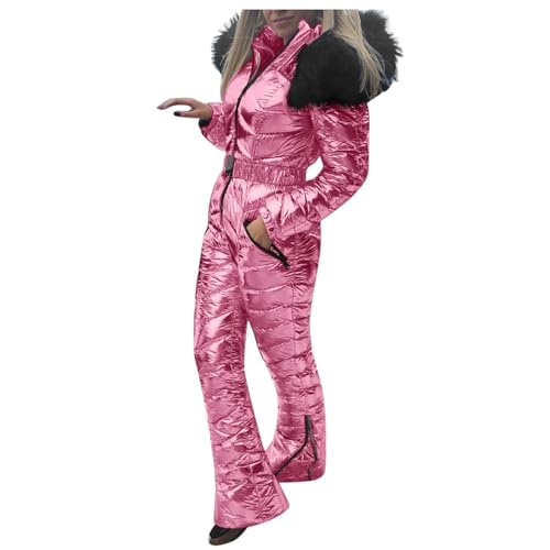 Schneeanzug Damen Wasserdicht Skianzug Damen Einteiler Glitzer Kapuzenjacke Winddichter Winter-Overall Große Größen Slim Fit Jumpsuit Verdickte Isolierte Softshell-Mantel Skianzüge Steppjacke von Generisch