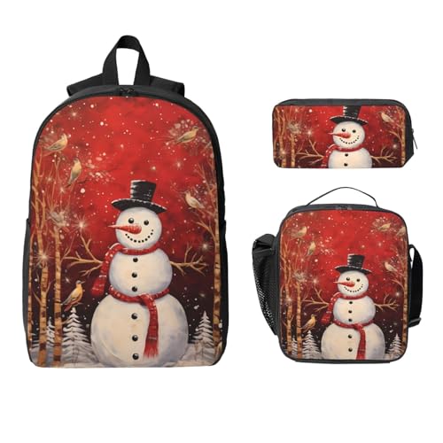 Schneemann Baum Rucksack Set für Mädchen Jungen mit Lunchtasche Federmäppchen Weihnachten 3 Stück Schultaschen Isolierte Lunchbox Geschenke für Frauen Männer von Generisch