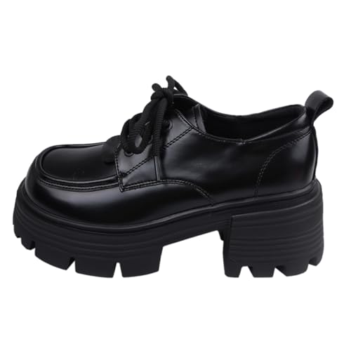 Schnürschuhe Damen Kunstleder Plateau - Freizeitschuhe Damen Schwarz Dicken Boden Kurze Stiefeletten Runde Zehe Trekkingschuhe Bequeme Modische Mokassin Niedriger Klassische Einzelne Schuhe von Generisch