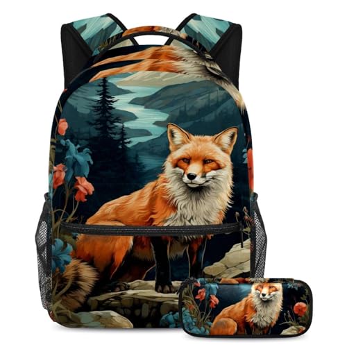 Schöner Fuchs-Rucksack mit Federmäppchen, 2-teiliges Schultaschen-Set für Jungen, Mädchen, Teenager, Mehrfarbig Nr. 04, B：29.4x20x40cm P：19x7.5x3.8cm, Tagesrucksäcke von Generisch