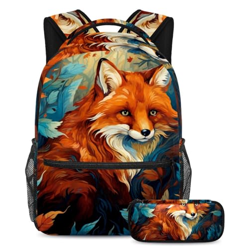 Schöner Fuchs mit diesem 2-teiligen Schultaschen-Set, Rucksack und Federmäppchen für Jungen, Mädchen und Teenager, Mehrfarbig Nr. 01, B：29.4x20x40cm P：19x7.5x3.8cm, Tagesrucksäcke von Generisch