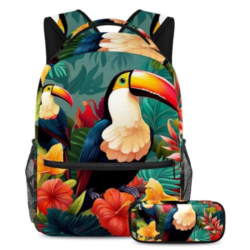 Schöner Tukan-Abenteuer, Rucksack mit Federmäppchen, 2-teiliges Set, perfekt für Studenten, Jungen, Mädchen und Teenager, Mehrfarbig Nr. 07, B：29.4x20x40cm P：19x7.5x3.8cm, Tagesrucksäcke von Generisch