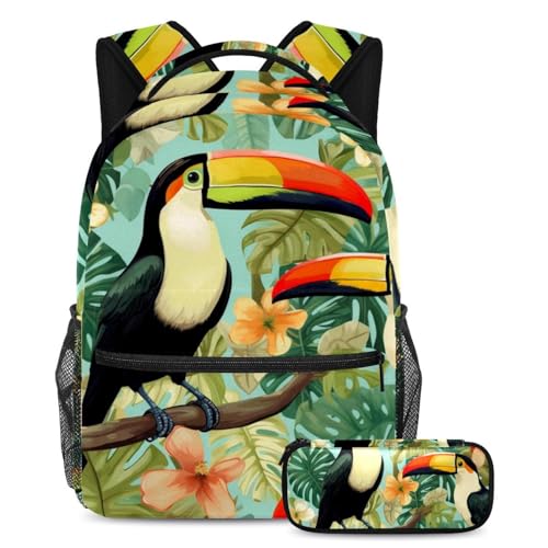 Schöner Tukan-Rucksack mit Federmäppchen, großes Fassungsvermögen, Schultaschen-Set für Jungen, Mädchen, Teenager, Reisebuchtasche für Studenten, Mehrfarbig Nr. 06, B：29.4x20x40cm P：19x7.5x3.8cm, von Generisch