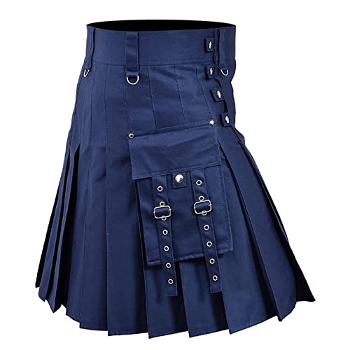 Schottenrock Herren Schottisch Schwarz Männer Rock Mit Tasche Schottischer Kariert Klassischer Schottische Tartan Taschen Streetwear Karnevals Kostüm Faltenröcke Reisehose Herren (Navy, L) von Generisch